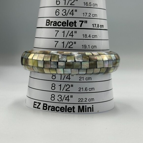Mother of Pearl Mosaic Bangle Bracelet Iridescent Shell Inlay Square Tile Design - Picture 6 of 8